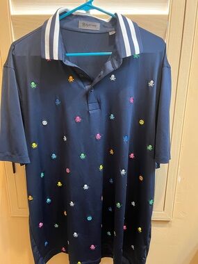 G/FORE Navy Polo with Multicolor Skull Motif XXL EUC